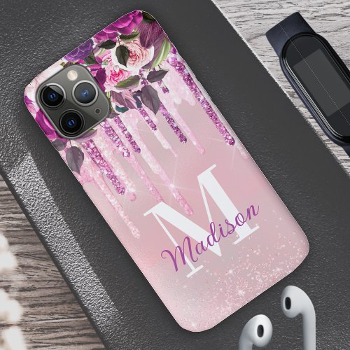 Floral Purple pink dripping glitter monogram iPhone 11 Pro Case