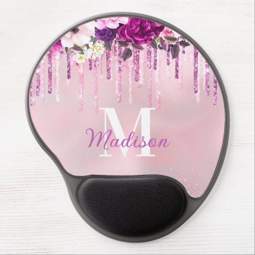 Floral Purple pink dripping glitter monogram Gel Mouse Pad