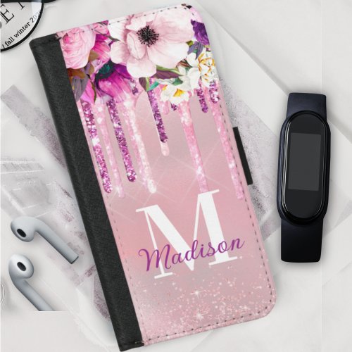 Floral Purple pink dripping glitter monogram iPhone 87 Wallet Case
