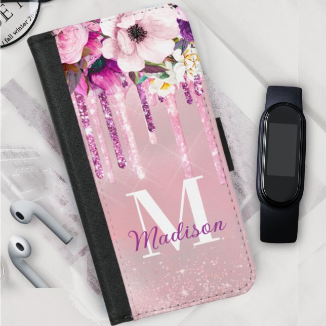 Floral Purple pink dripping glitter monogram iPhone Wallet Case (Creator Uploaded)