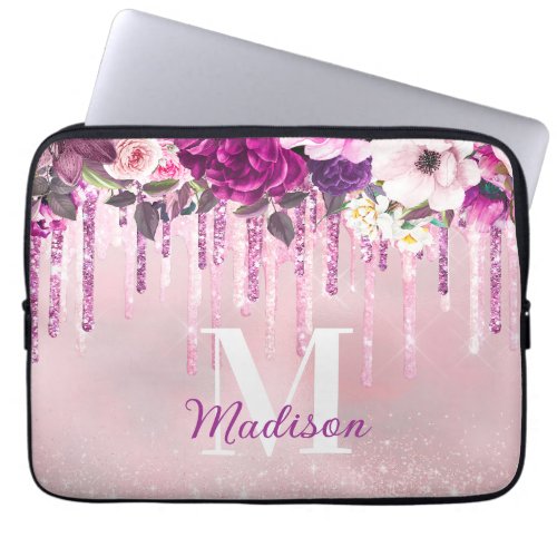 Floral Purple pink dripping glitter monogram Laptop Sleeve