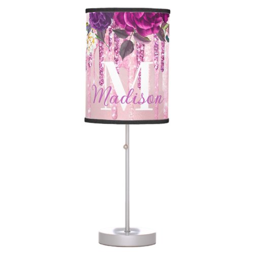 Floral Purple pink dripping glitter monogram Table Lamp