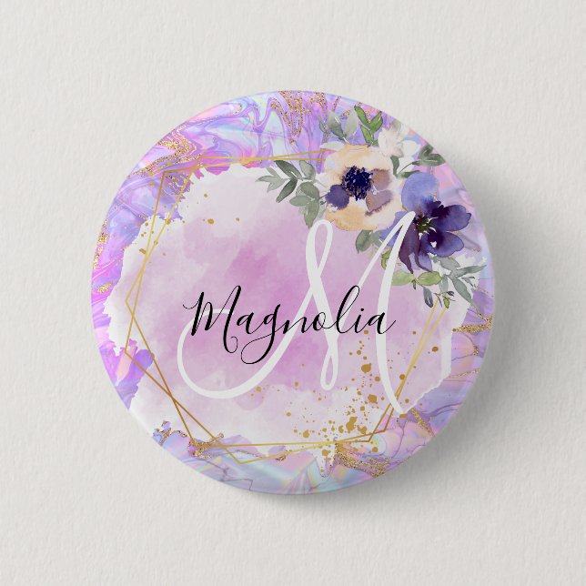 Floral Purple, Pink & Gold Rainbow Marble Monogram Button (Front)