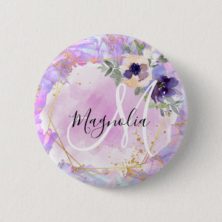 Floral Purple, Pink & Gold Rainbow Marble Monogram Button
