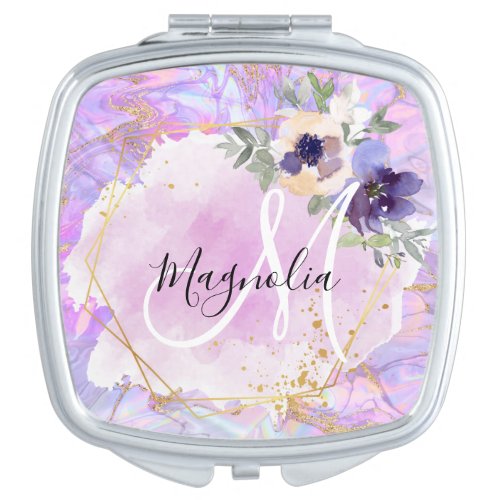 Floral Purple Pink  Gold Rainbow Marble Monogram Compact Mirror