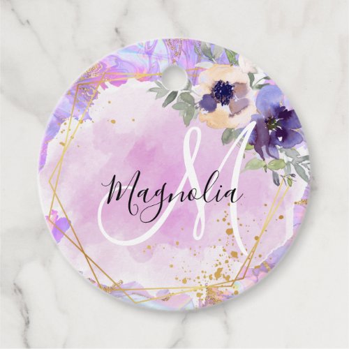 Floral Purple Pink  Gold Rainbow Marble Monogram Favor Tags
