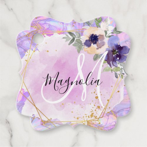 Floral Purple Pink  Gold Rainbow Marble Monogram Favor Tags