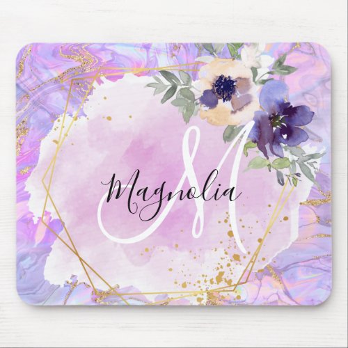 Floral Purple Pink  Gold Rainbow Marble Monogram Mouse Pad