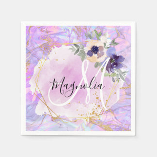 Floral Purple, Pink & Gold Rainbow Marble Monogram Napkins