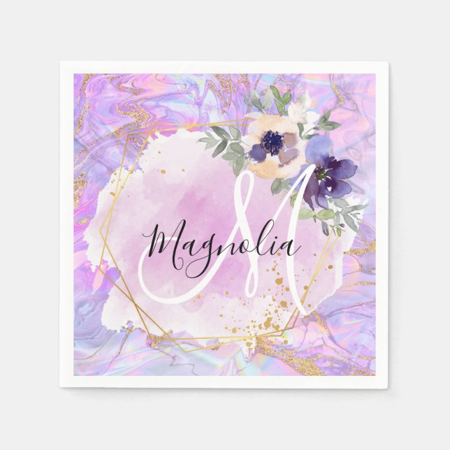 Floral Purple, Pink & Gold Rainbow Marble Monogram Napkins (Front)