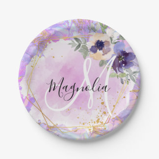 Floral Purple, Pink & Gold Rainbow Marble Monogram Paper Plates
