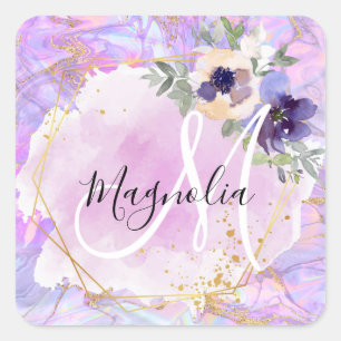 Floral Purple, Pink & Gold Rainbow Marble Monogram Square Sticker