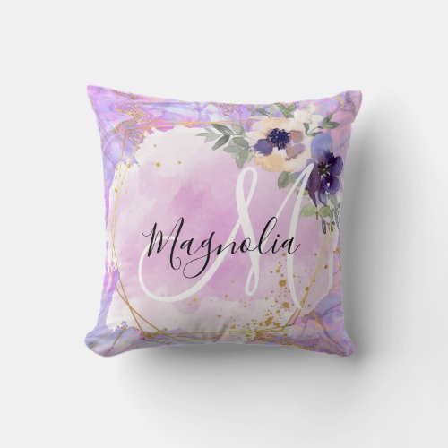 Floral Purple Pink  Gold Rainbow Marble Monogram Throw Pillow