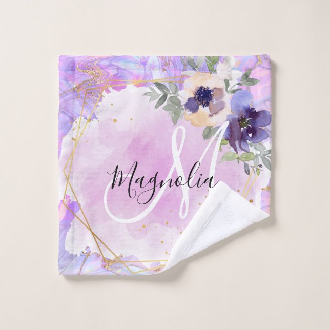 Floral Purple, Pink & Gold Rainbow Marble Monogram Wash Cloth (Wash Cloth)