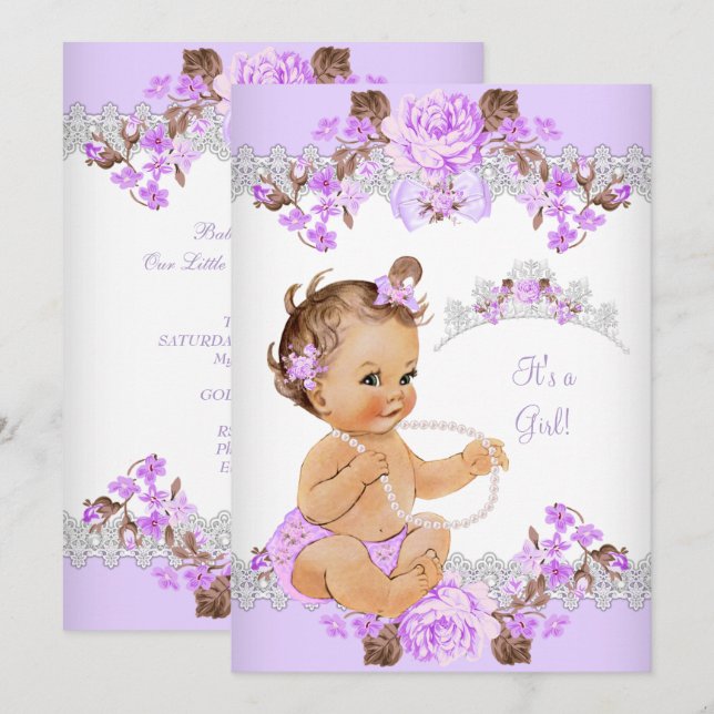 Floral Purple Princess Baby Shower Brunette Girl Invitation (Front/Back)