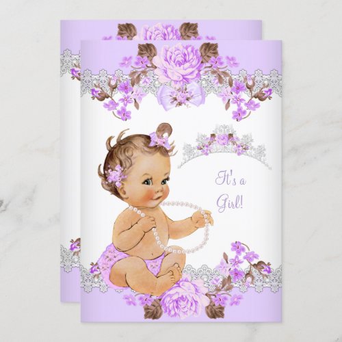 Floral Purple Princess Baby Shower Brunette Girl Invitation