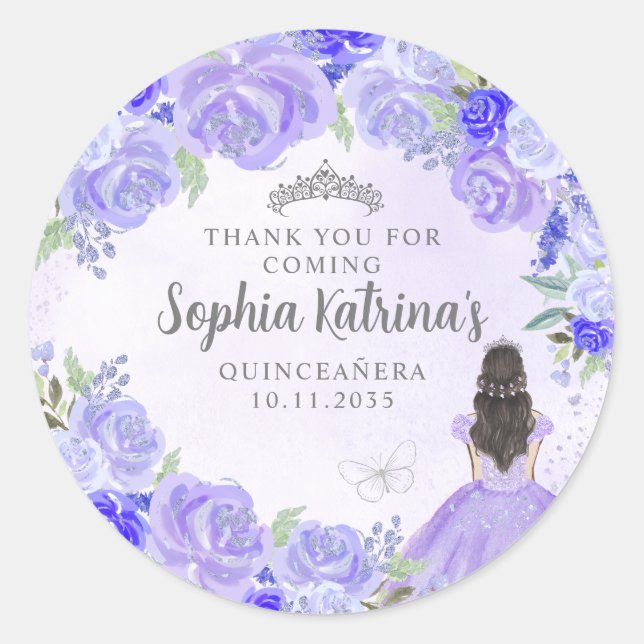 Floral Purple Princess Quinceanera Birthday Favor Classic Round Sticker (Front)