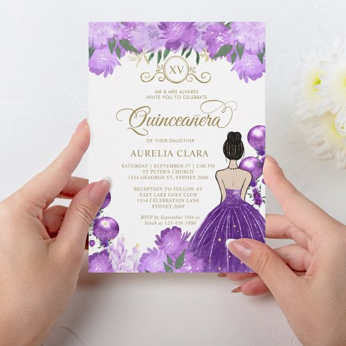 Floral Purple Princess XV Quinceaera Birthday Invitation