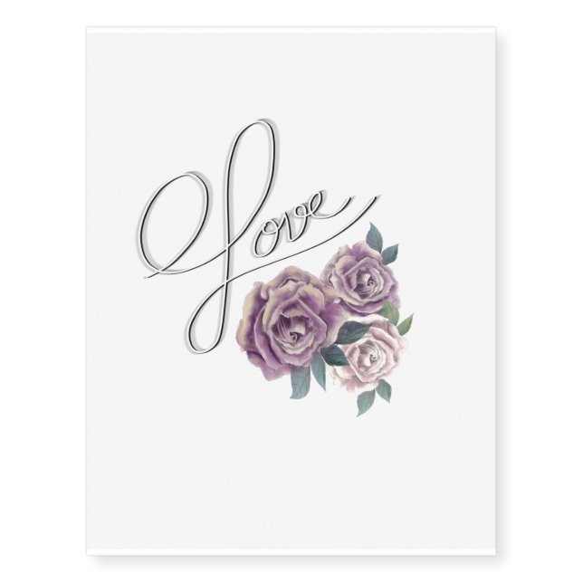 Floral purple rose love script temporary tattoos (Front)