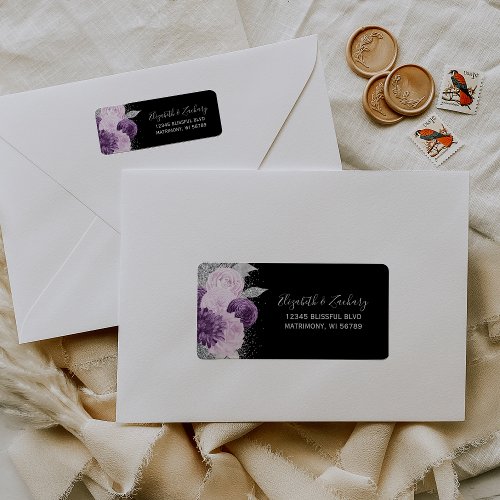Floral Purple Silver Black Wedding Return Address Label