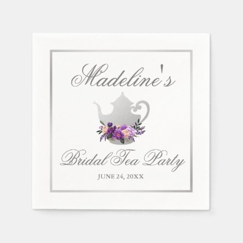 Floral Purple Silver Bridal Shower Tea Party Napkins