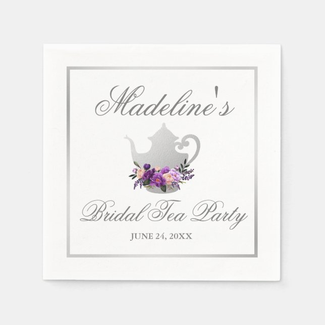 Floral Purple Silver Bridal Shower Tea Party Napkins (Front)