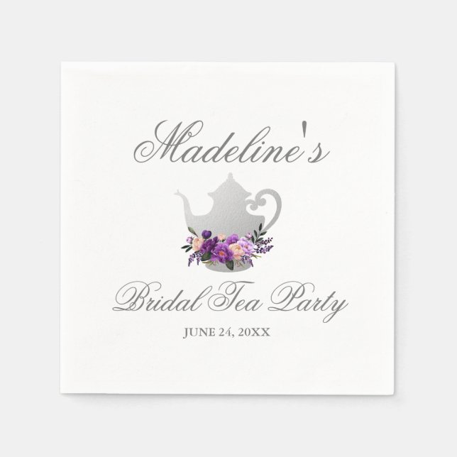 Floral Purple Silver Bridal Shower Tea Party Napkins (Front)