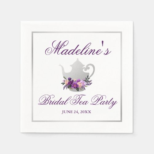 Floral Purple Silver Bridal Shower Tea Party Napkins