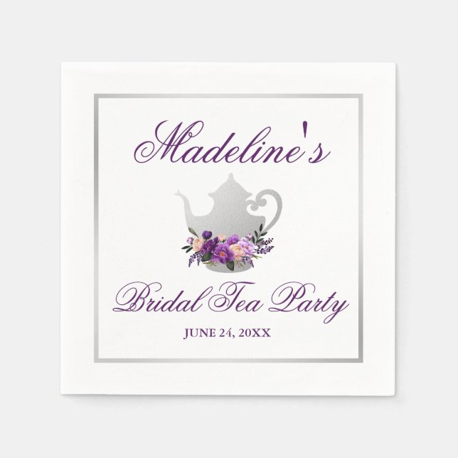 Floral Purple Silver Bridal Shower Tea Party Napkins (Front)
