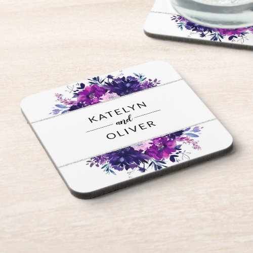 Floral Purple  Silver Bride  Groom Monogram Beverage Coaster