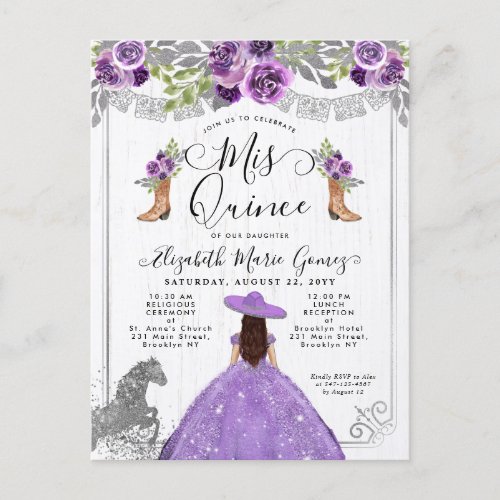 Floral Purple Silver Charra Boot Horse Quinceanera Invitation Postcard