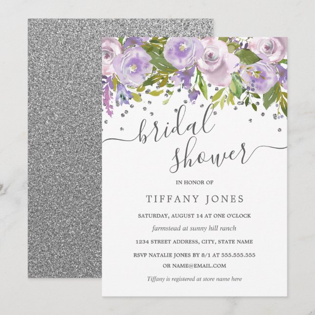 Floral Purple Silver Confetti Bridal Shower Invitation (Front/Back)