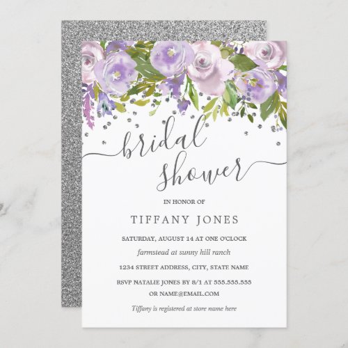 Floral Purple Silver Confetti Bridal Shower Invitation
