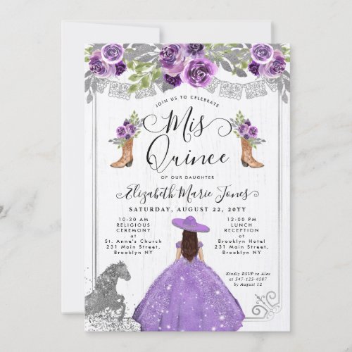 Floral Purple Silver Glam Horse Charra Quinceanera Invitation