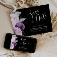 Floral Purple Silver Glitter Black Save the Date