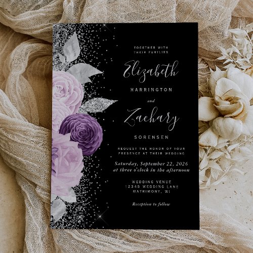 Floral Purple Silver Glitter Black Wedding Invitation