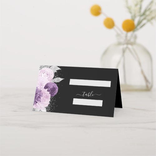 Floral Purple Silver Glitter Black Wedding Place Card