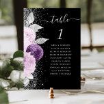 Floral Purple Silver Glitter Black Wedding Table Number<br><div class="desc">The left-hand edge of this elegant wedding table number sign features a floral bouquet in shades of purple and lavender, trimmed with silver faux foil and faux glitter foliage and sprinkled with silver faux glitter. The word "table" appears in silver gray whimsical handwriting script on a black background. Add the...</div>