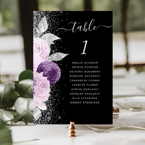 Floral Purple Silver Glitter Black Wedding Table Number