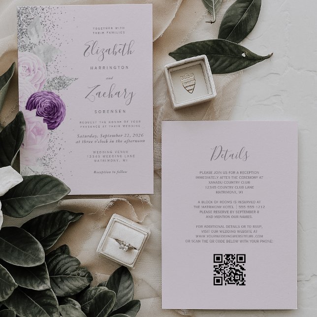Floral Purple Silver Glitter Lilac QR Code Wedding Invitation (Creator Uploaded)