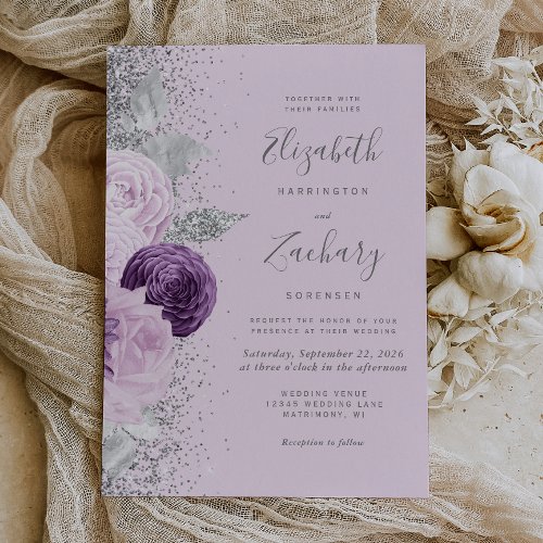 Floral Purple Silver Glitter Lilac Wedding Invitation