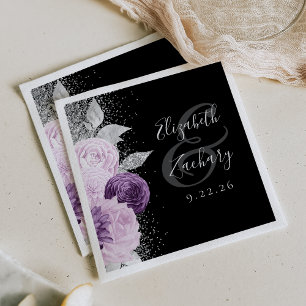 Floral Purple Silver Glitter Script Black Wedding Napkins