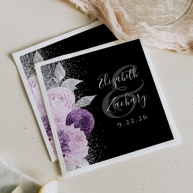 Floral Purple Silver Glitter Script Black Wedding Napkins (Creator Uploaded)