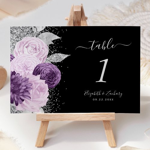 Floral Purple Silver Glitter Wedding Table Number