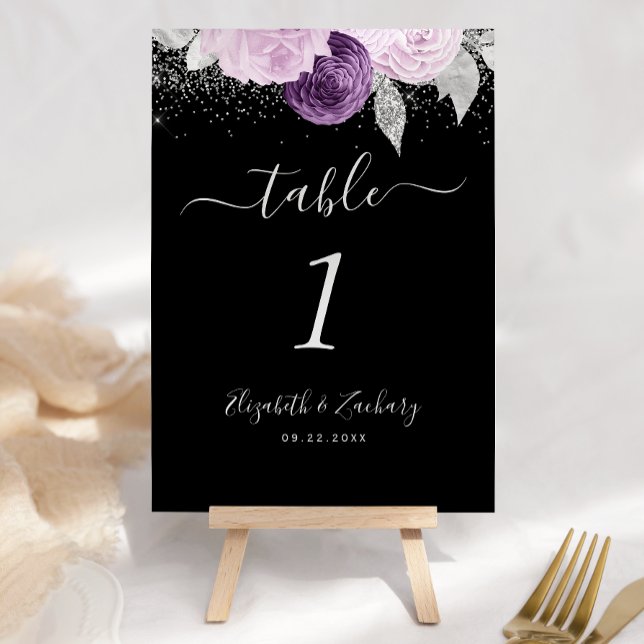 Floral Purple Silver Glitter Wedding Table Number (Creator Uploaded)