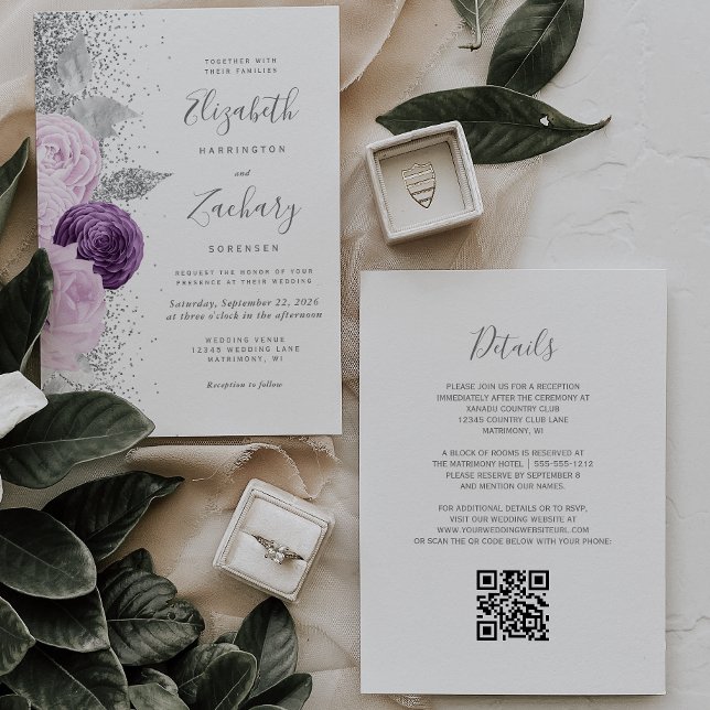 Floral Purple Silver Glitter White QR Code Wedding Invitation (Creator Uploaded)