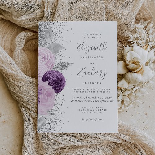 Floral Purple Silver Glitter White Wedding Invitation