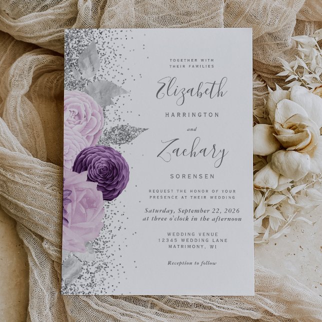 Floral Purple Silver Glitter White Wedding Invitation (An elegant choice for a wedding with a purple and silver color palette.)