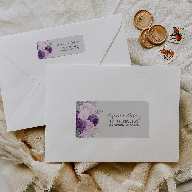 Floral Purple Silver Gray Wedding Return Address Label (Creator Uploaded)