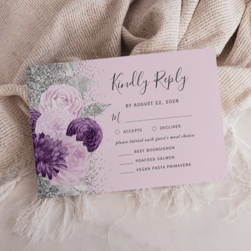 Floral Purple Silver Lilac Meal Choice Wedding RSVP Card